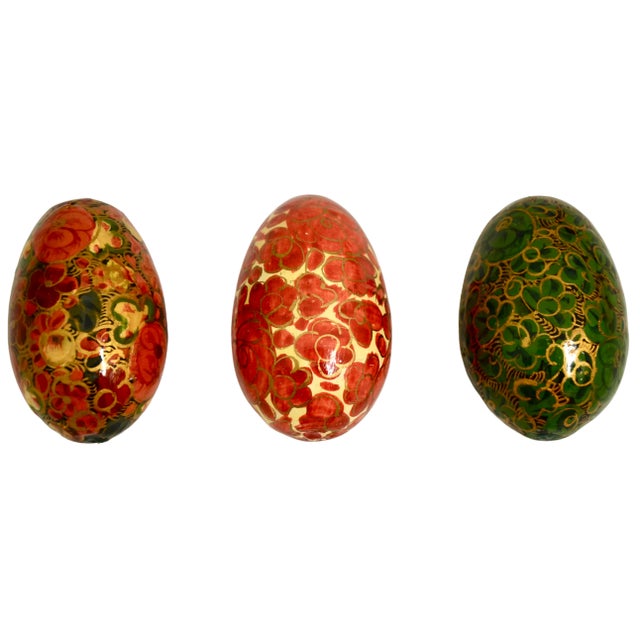 Set of 3 vintage hand painted decoupage eggs in vibrant red, green, orange, gold, coral and peach. Each egg is 1.75 W x...