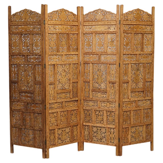 Hand Carved Solid Teak Folding Screen with Brass Inlaid Detail For Sale