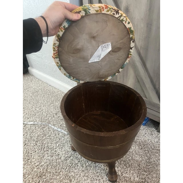 1990s Vintage 3 Legged Banded Mini Half Barrel Keg Style Sewing Stool With Storage For Sale - Image 5 of 7