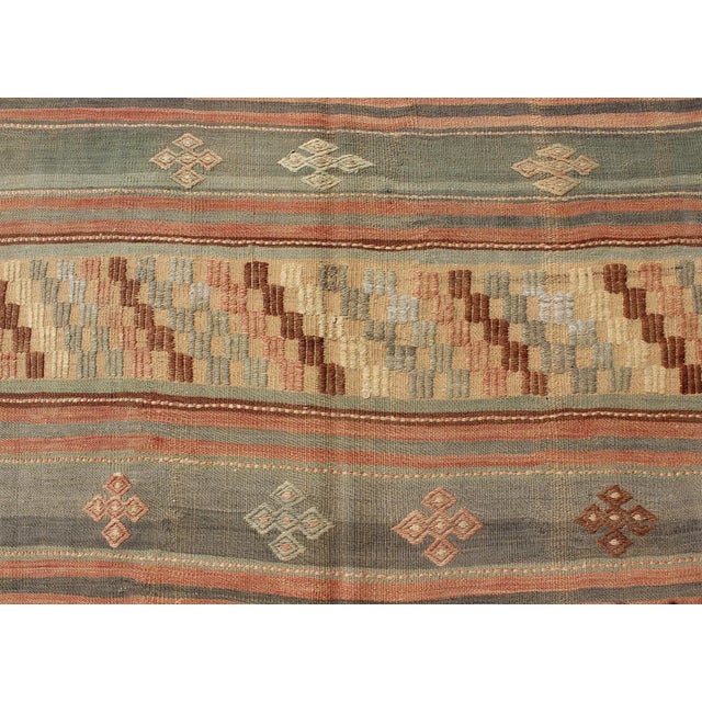 Light Gray Vintage Turkish Kilim With Stripped Embroidery in Multi Warm Butter and Green For Sale - Image 8 of 13