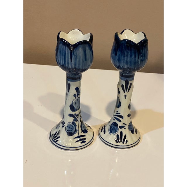 Vintage Blue and White Hand Painted Porcelain Candle Holders a Pair