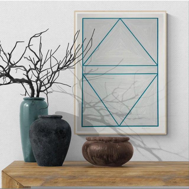 Mid-Century Modern Geometric Color Pencil Drawing With Teal and Gray For Sale - Image 3 of 4