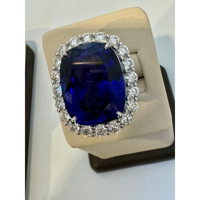 43.74 Ct Cushion-Cut Tanzanite & 4 Ct Diamond Ring in 14K White Gold Size 6.5 For Sale - Image 4 of 18