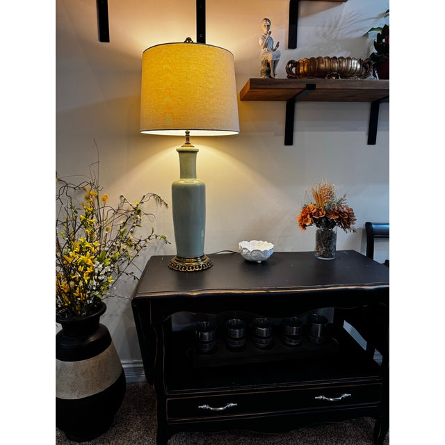 Mid-Century Paul Hanson Celadon Glazed Ceramic Table Lamp - Solid Cast Brass Base For Sale - Image 10 of 12