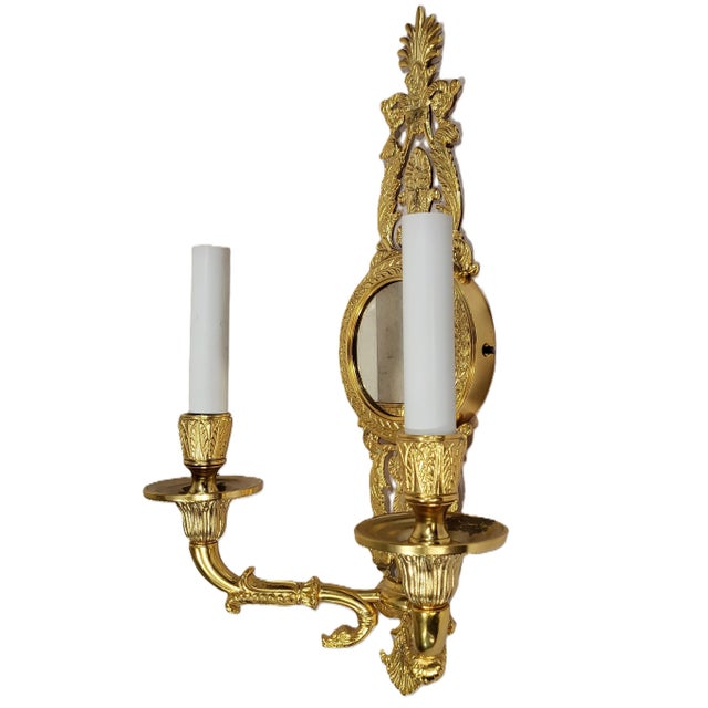 Metal Late 20th Century French Neoclassical Empire Style Gilt Bronze Two Light Wall Sconces W. Mirrors - a Pair For Sale - Image 7 of 17
