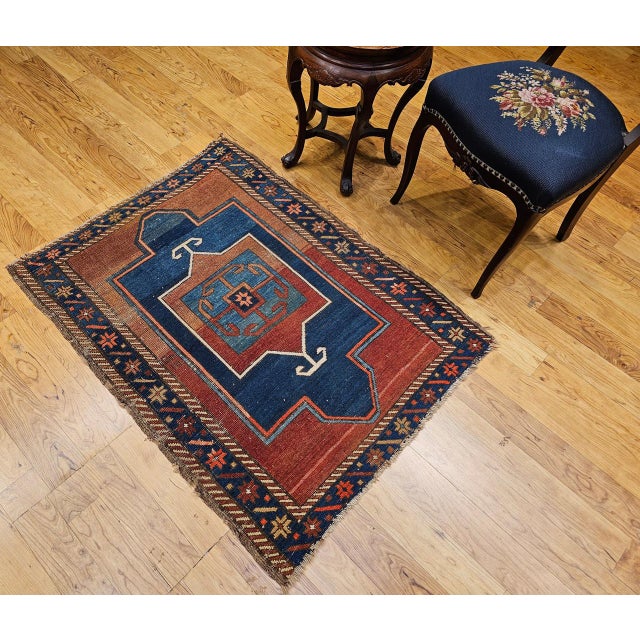 19th Century 19th Century Caucasian Fachralo Kazak Prayer Area Rug, Persimmon & Blue, 3' x 4' For Sale - Image 5 of 15