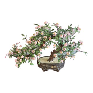 Vintage Large Chinoiserie Style Pink Cherry Blossom Jade Bonsai Tree For Sale