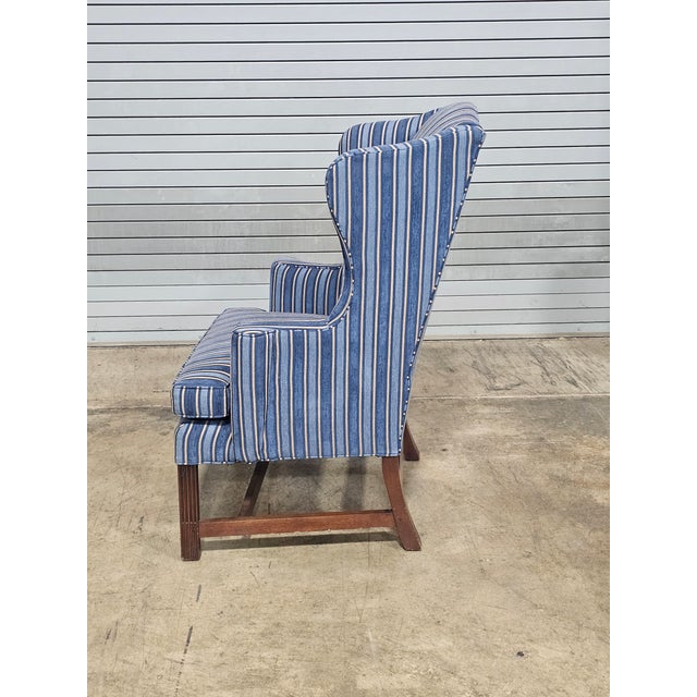 Blue Late 20th Century Stickley Mahogany Williamsburg Mahogany Wingback Chair Schumacher Fabric For Sale - Image 8 of 11