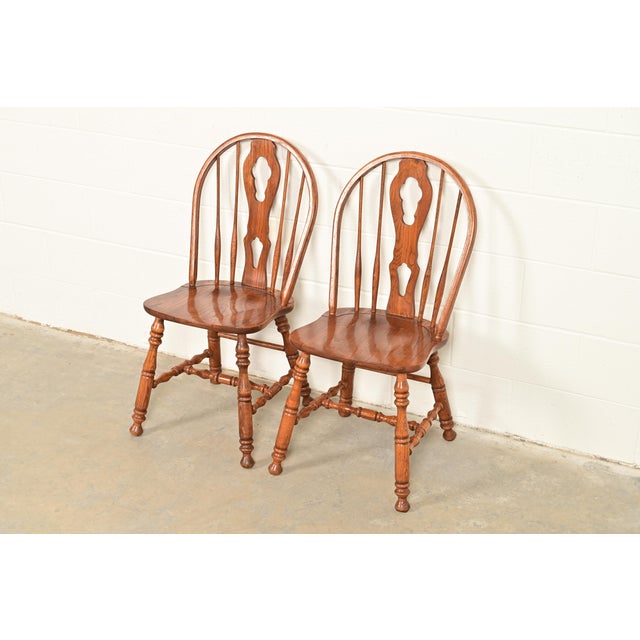 Ethan Allen Style American Colonial Solid Oak Spindle Back Windsor Side Chairs or Dining Chairs, Pair For Sale - Image 10 of 10