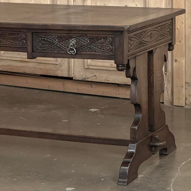Coffee Antique Neo Gothic Carved Oak Trestle Three Drawer Writing Desk For Sale - Image 8 of 18