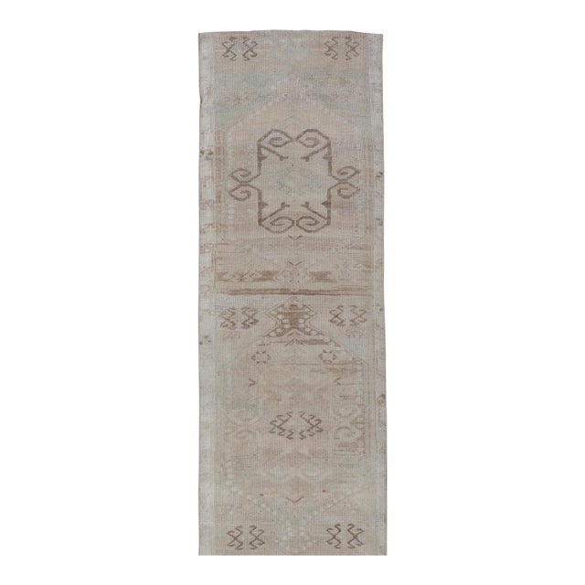 Vintage Turkish Oushak Runner With Soft Pastel Tones and Stylized Geometric Moti 2'1 X 12'8 For Sale