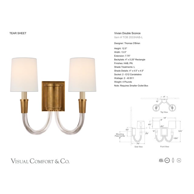 Modern Thomas O'Brien for Visual Comfort Signature Vivian Double Sconce in Hand-Rubbed Antique Brass with Linen Shades For Sale - Image 3 of 5