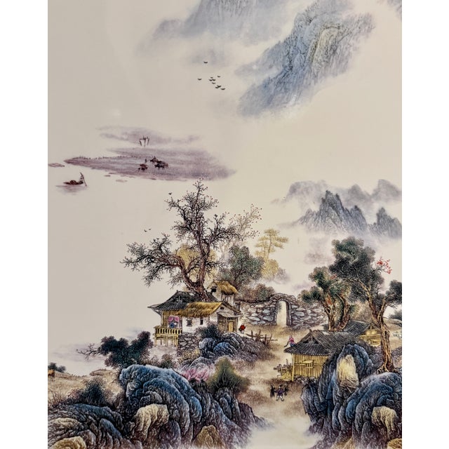 White Mid 20th Century Large Chinese Porcelain Landscape Plaque With Jiangnan Scene For Sale - Image 8 of 10