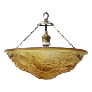 Art Nouveau French Brass and Yellow Pressed Glass Pendant Light, 1920s For Sale