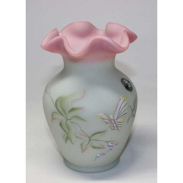 Mid-Century Modern 1980s Fenton Lotus Mist Butterfly & Berry 5 1/2" Ruffled Vase For Sale - Image 3 of 6