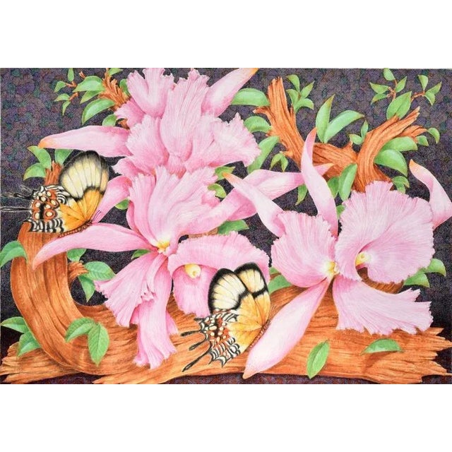 American 1990s "Butterflies and Hibiscus" Botanical Mixed-Media Painting For Sale - Image 3 of 6