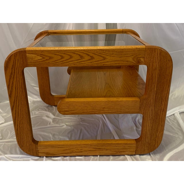 Hollywood Regency Vintage Mersman Bellaire Cantilevered Oak & Smoked Glass Side Table For Sale - Image 3 of 7