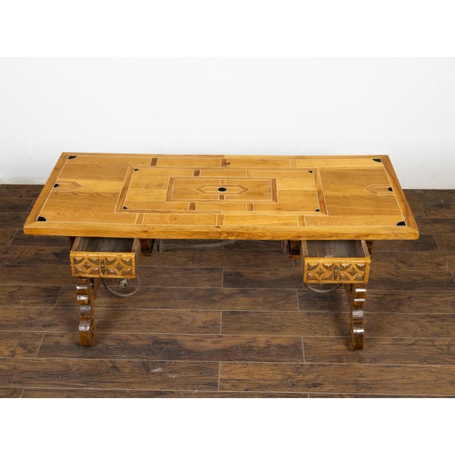 Italian Baroque Style 1880s Walnut Desk with Inlaid Top and Carved Lyre Base For Sale - Image 4 of 12