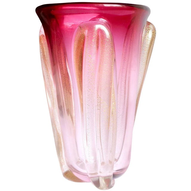 Vintage Murano Seguso Red Pink Sommerso Gold Flecks Italian Art Glass Midcentury Flower Vase For Sale In Orlando - Image 6 of 6