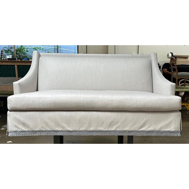 Stanton Skirted Sofa Upholstered in Elizabeth Eakins Peek-a-Boo Gray Strie Wool From the Madeline Stuart Collection For Sale - Image 4 of 8