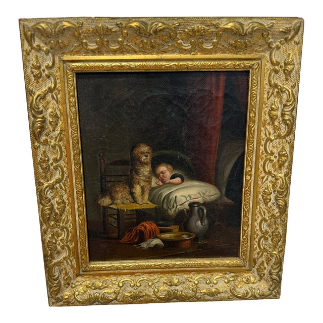 Continental School Interior Scene of a Sleeping Child and Watchful Dog, 19th C For Sale