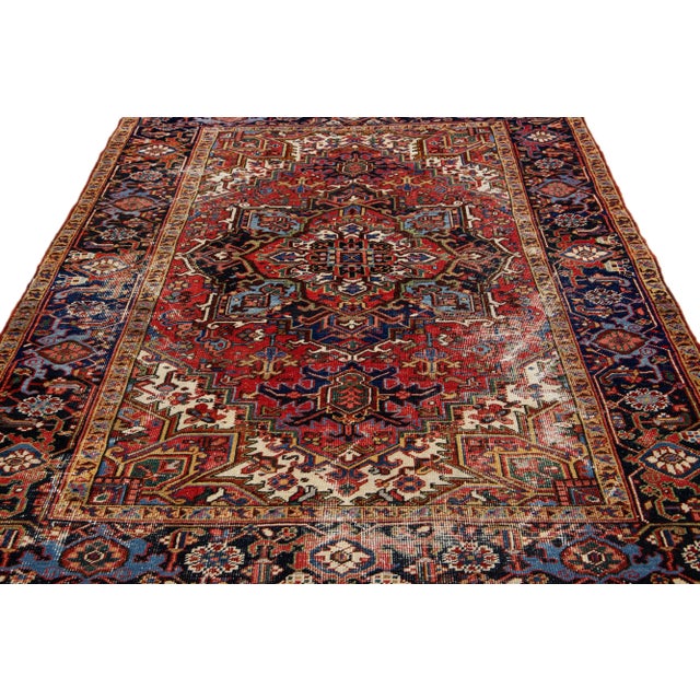Persian Antique Persian Heriz Red Handmade Medallion Motif Wool Rug For Sale - Image 3 of 11