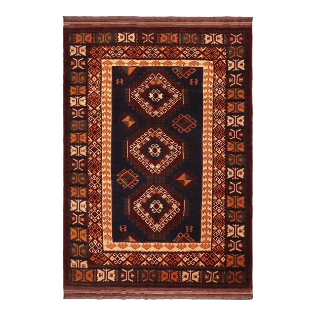 Rustic Tibal 1980's Kargahi Blue/Rust Wool Rug - 6'11'' X 9'11'' For Sale