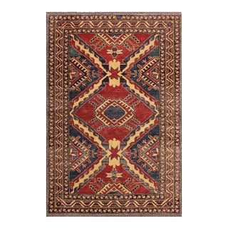 Tribal Super Kazak Red/Beige Wool Rug - 3'8'' X 5'5'' For Sale