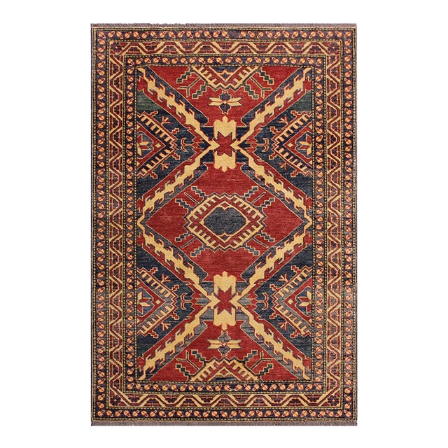Tribal Super Kazak Red/Beige Wool Rug - 3'8'' X 5'5'' For Sale