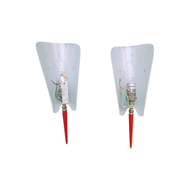 Mid-Century Modern Vintage Wall Lights with Textured Shades and Red Details, 1950s, Set of 2 For Sale - Image 3 of 11