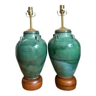 Vintage Green Glazed Ceramic Table Lamps - Pair For Sale