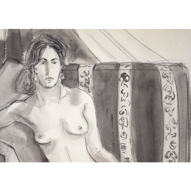 1970s Nude Woman on Striped Chair #1 in Charcoal and Gouache on Paper by Katherine Kallick For Sale - Image 5 of 5
