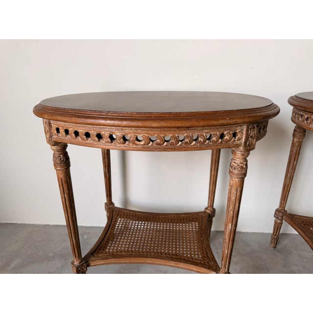 Modern Neoclassical Louis XVI Style Oval Side Tables With Cane Shelves – A Pair For Sale - Image 9 of 15