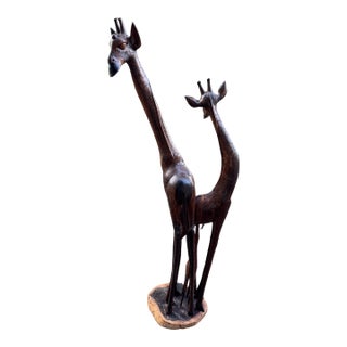 50" Late 20th Century Hand-Carved Solid Wood Giraffe Family Sculpture For Sale