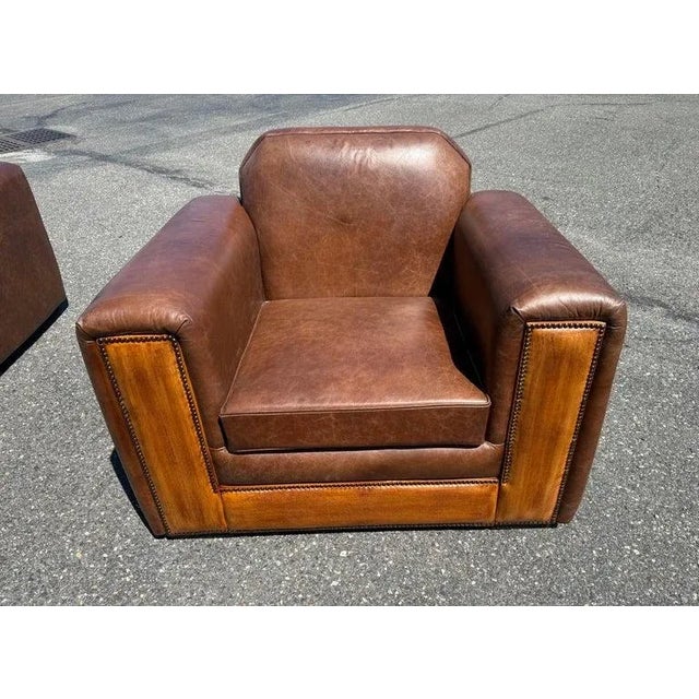 Pair of Fully Restored French Art Deco Two-Tone Leather Club Chairs For Sale In Philadelphia - Image 6 of 15