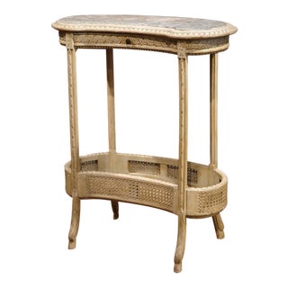 19th Century French Louis XVI Carved & Painted Kidney Table with Marble Top For Sale