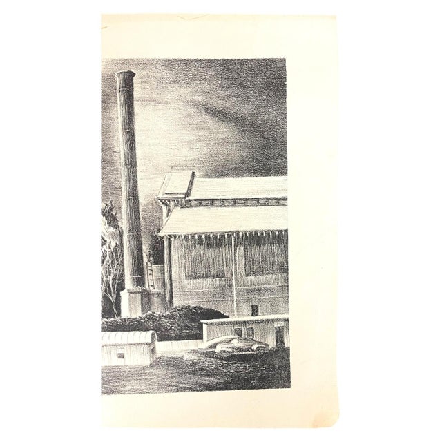 This vintage black-and-white lithograph features a detailed industrial architectural scene composed of a tall cylindrical...