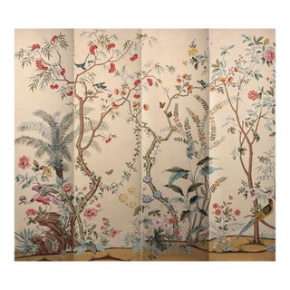 Hand‑Painted Chinoiserie Tropical Garden Mural Wall Panels, Botanical Bird & Fruit Wallpaper For Sale