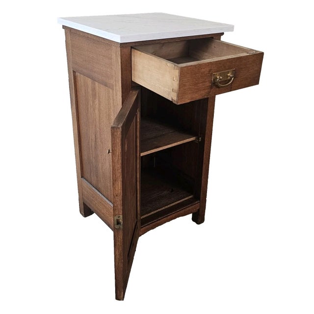 Brown 1930s French Oak Art Deco Nightstand Marble Top Bedside Cabinet End Table For Sale - Image 8 of 17