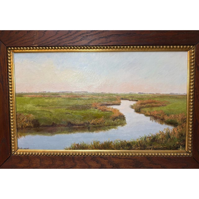 Realism Antique 1895 Original Realistic Marsh Land Landscape 19th Century Oil Painting For Sale - Image 3 of 14