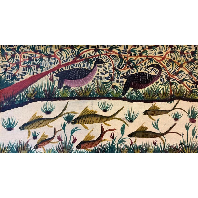 This 3x2 vintage French tapestry, dated 1958, is a striking pictorial textile inspired by the work of Mulongoy (Pilipili)...