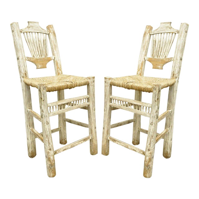 2 Rustic Country Log Cabin Wood Branch Rush Seat Bar Stools Chair Hickory Style Chairish