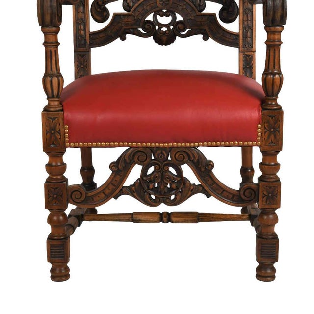 Early 20th Century Antique Italian Carved Walnut Figural Throne Chair With Red Leather Seat For Sale - Image 5 of 8