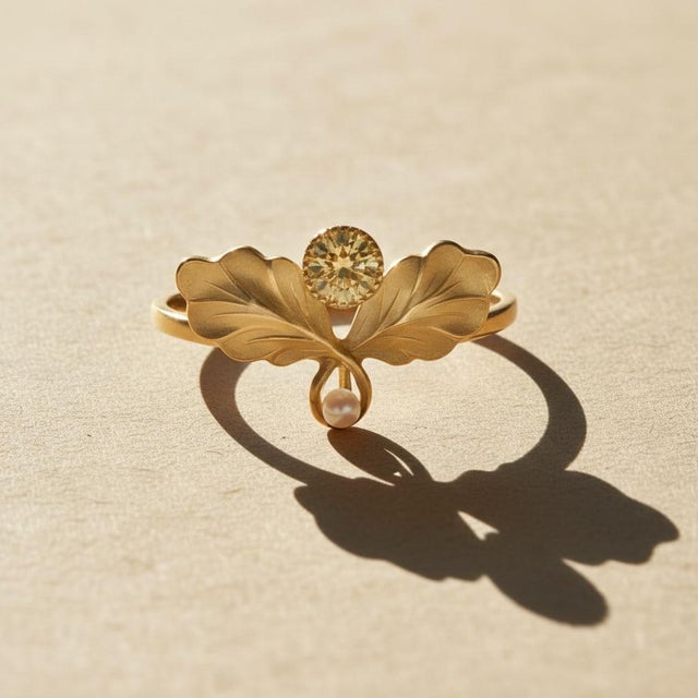 Sculptural Leaf Citrine and Pearl Ring in 14k Yellow Gold. Botanical Citrine Ring with Freshwater Pearl in 14k Gold. A...