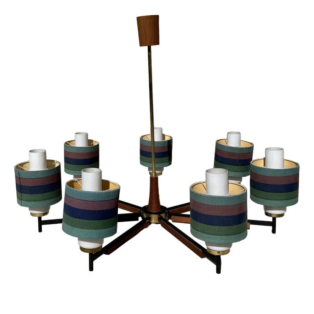 Modern Scandinavian Teak and Opaline Glass Chandelier, Denmark, 1960s For Sale