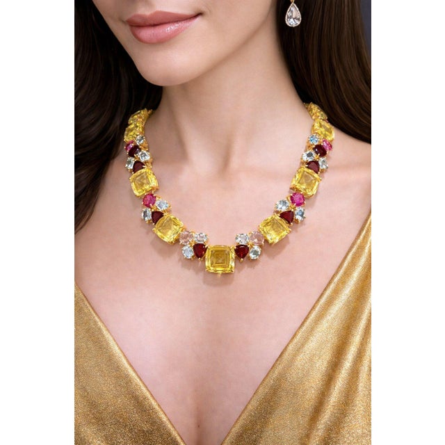 Gemstone Bochic “Capri” Lemon Quartz, Blue Topaz & Rose Rosrite Necklace - 18K Gold & Si For Sale - Image 7 of 9