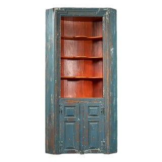 Mid 19th Century Primitive Chippy Corner Cupboard in Blue For Sale