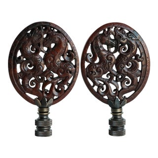 Oval Chinoiserie Carved Stone Lamp Finials on Bronze - a Pair For Sale