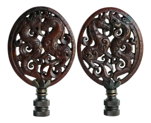 Oval Chinoiserie Carved Stone Lamp Finials on Bronze - a Pair