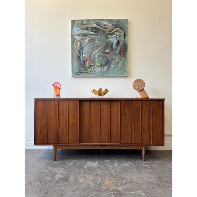 Wood 1960's Mainline Hooker Walnut & Caned Reversible Door Credenza For Sale - Image 7 of 15